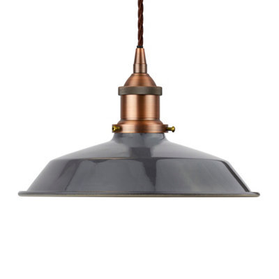 Slate Grey Small Trinity Metal Painted Dome Pendant Light With Matt Antique Copper Lamp Holder And Brown Twisted Cable - Se Home - image 1
