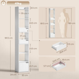 Homcom Bookcase Tall Narrow With 5 Tiers Drawers White Wood Effect - thumbnail 3