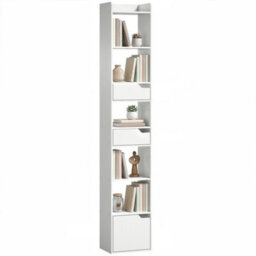 Homcom Bookcase Tall Narrow With 5 Tiers Drawers White Wood Effect - thumbnail 2