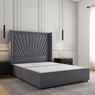 REGIONAL FURNISHINGS Steel Plush Velvet Divan Bed Set Upholstered 54Inch Headboard 2Drawers Footend & No Mattress In Double King 4Ft 6Ft Sizes - image 1