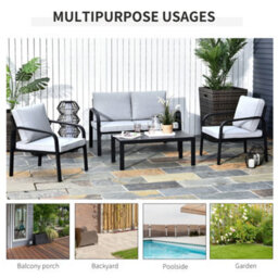 Outsunny 4Pcs Garden Sectional Loveseat Chairs Table Furniture W/ Cushion, Black - thumbnail 4