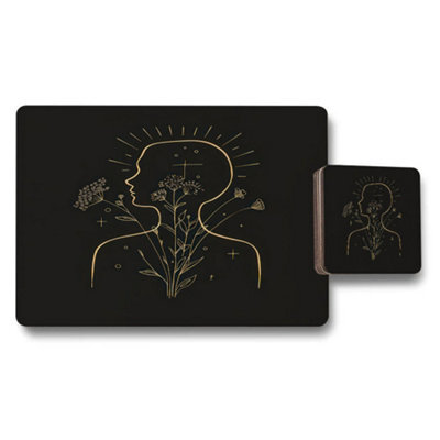 Benjamin Tate Design Gold Line Botanical Black Placemat And Coaster Set In Luxury Wood Base Limited Edition - image 1