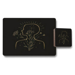 Benjamin Tate Design Gold Line Botanical Black Placemat And Coaster Set In Luxury Wood Base Limited Edition