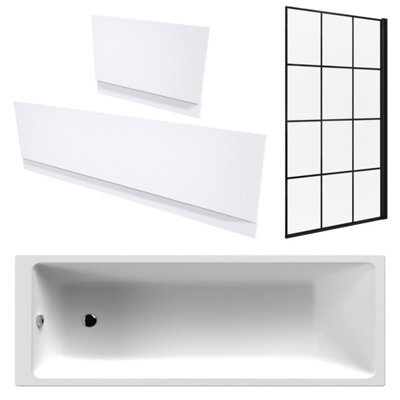 FNX Bathrooms White 1700 X 700 mm Single-Ended Bath With Waterproof Panel Set & Grid Black Bath Screen - image 1