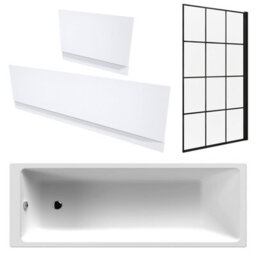 FNX Bathrooms White 1700 X 700 mm Single-Ended Bath With Waterproof Panel Set & Grid Black Bath Screen - thumbnail 1