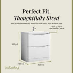 Balterley Dunwood Contemporary Bathroom Floor Standing 2 Drawer Vanity & Polymarble Basin, Satin White, 800mm - thumbnail 5