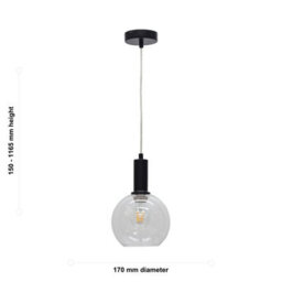 First Choice Lighting Set Of 2 Barnum - Clear Glass Globe Black Deco Pendant Fittings - thumbnail 6
