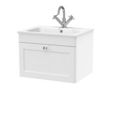 Balterley Swynnerton Traditional 1 Drawer Wall Hung Vanity Unit With Stone Basin, Satin White, 600mm