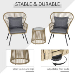 Outsunny 3 Pcs Webbed Pe Rattan Outdoor Patio Set W/ Cushions Steel Frame Brown - thumbnail 6