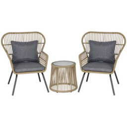 Outsunny 3 Pcs Webbed Pe Rattan Outdoor Patio Set W/ Cushions Steel Frame Brown - thumbnail 2