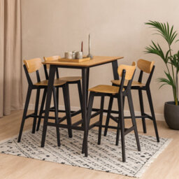 Wyld Haus Krakow Bar Dining Set Natural Oak Effect And Black Rectangular Table + 4 Bar Stools