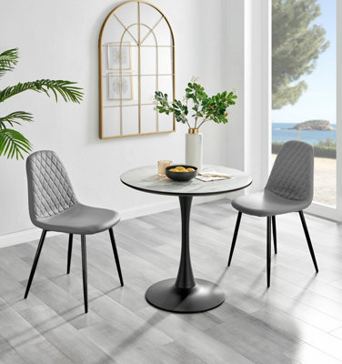 Furniturebox Elina White Marble Effect Round Pedestal Dining Table With Curved Black Support And 2 Grey Faux Leather Corona Black Leg Chairs - image 1