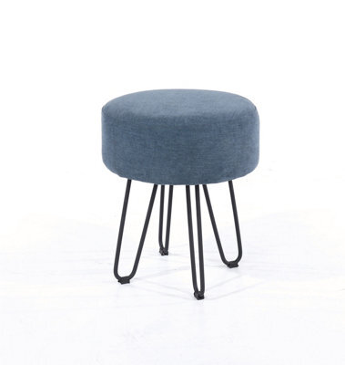 Furry Blue Fabric Round Stool Black Metal Legs