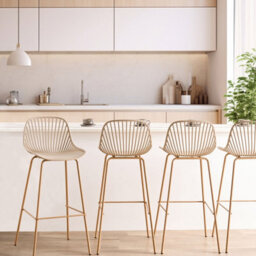 Wyld And Coco Set Of 4 Beige Bar Stools With Synthetic Seats And Wood-Look Iron Legs For Dining And Kitchen Islands - thumbnail 2