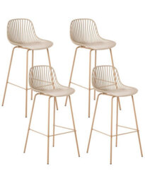 Wyld And Coco Set Of 4 Beige Bar Stools With Synthetic Seats And Wood-Look Iron Legs For Dining And Kitchen Islands - thumbnail 3