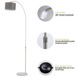 Darphe Grey Adjustable Arch Floor Lamp With Marble Base & Fabric Shade (131-186Cm) - thumbnail 5