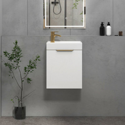 Royal Bathrooms Royal Bathroom Como 400mm Wall Hung Cloakroom Vanity Unit Ceramic Basin Sink 1 Door Cabinet Gloss White With Brushed Brass Handle - image 1