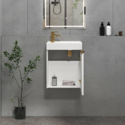 Royal Bathrooms Royal Bathroom Como 400mm Wall Hung Cloakroom Vanity Unit Ceramic Basin Sink 1 Door Cabinet Gloss White With Brushed Brass Handle - thumbnail 5