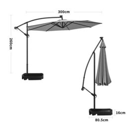 Living And Home 3M Led Lighted Large Garden Cantilever Patio Parasol Sun Shade Banana Umbrella Crank Tilt With Square Base, Light Grey - thumbnail 5