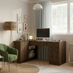 Tireno Corner Desk Okapi Walnut Fluted Fronts Modern Home Office Desk For Study And Teen Room Functional Storage Space