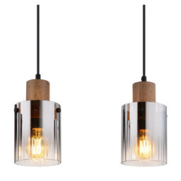 Luminosa Lighting Luminosa Underwood Bar Pendant Ceiling Light Wood Look Dark Smoke Glass Shade 4X E27 - thumbnail 4