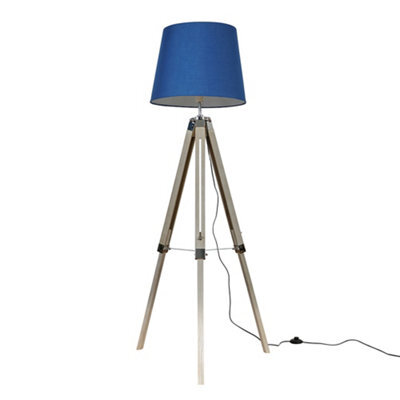 Valuelights Clipper Modern Distressed Wood And Silver Chrome Tripod Floor Lamp With Navy Blue Light Shade - image 1