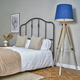 Valuelights Clipper Modern Distressed Wood And Silver Chrome Tripod Floor Lamp With Navy Blue Light Shade - thumbnail 2