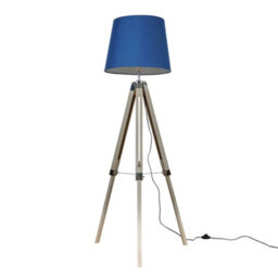 Valuelights Clipper Modern Distressed Wood And Silver Chrome Tripod Floor Lamp With Navy Blue Light Shade - thumbnail 1