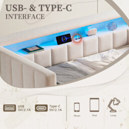 Abrihome Multifunctional Sleeper Sofa With Pull-Out Bed - 90X190Cm Velvet Upholstery, Usb/type-C Port & Ambient Led Lighting, Beige - thumbnail 8