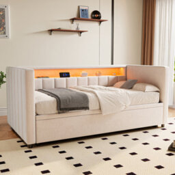 Abrihome Multifunctional Sleeper Sofa With Pull-Out Bed - 90X190Cm Velvet Upholstery, Usb/type-C Port & Ambient Led Lighting, Beige - thumbnail 2