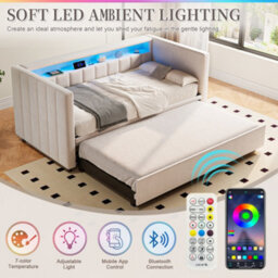Abrihome Multifunctional Sleeper Sofa With Pull-Out Bed - 90X190Cm Velvet Upholstery, Usb/type-C Port & Ambient Led Lighting, Beige - thumbnail 6