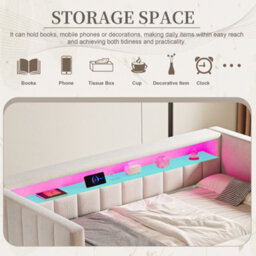 Abrihome Multifunctional Sleeper Sofa With Pull-Out Bed - 90X190Cm Velvet Upholstery, Usb/type-C Port & Ambient Led Lighting, Beige - thumbnail 7