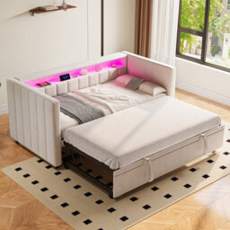 Abrihome Multifunctional Sleeper Sofa With Pull-Out Bed - 90X190Cm Velvet Upholstery, Usb/type-C Port & Ambient Led Lighting, Beige - thumbnail 1
