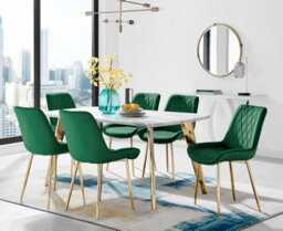 Furniturebox Andria White Marble Effect & Gold Leg Dining Table & 6 Green Pesaro Gold Leg Velvet Dining Chairs