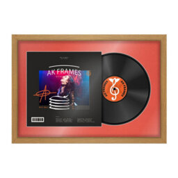 "AK Frames 25X17"" Oak Sleek Vinyl Record Frame With Poppy Red Mount For 12 Inch Lp Cover & Disc - Overlapped Design"