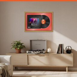 "AK Frames 25X17"" Oak Sleek Vinyl Record Frame With Poppy Red Mount For 12 Inch Lp Cover & Disc - Overlapped Design" - thumbnail 8