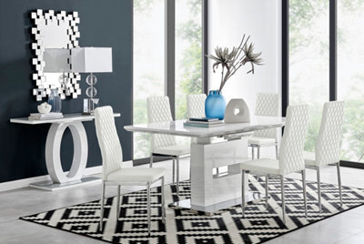 Furniturebox Arezzo White High Gloss Extending Dining Table & 6 White Milan Faux Leather Dining Chairs - image 1