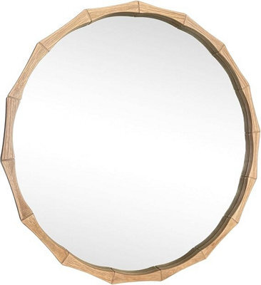 Deenz 80Cm Bamboo Effect Wood Round Mirror For Bathroom Large Hanging Wall Mounted Mirrors For Living Room Bedroom