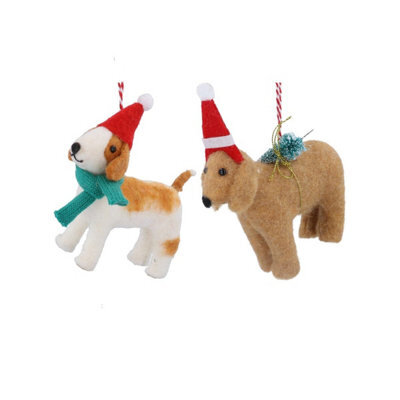 Gisela Graham Christmas Set Of Two Plush Dog Tree Decorations With Hats And Gingham Twine, 11.5 X 15 Cm
