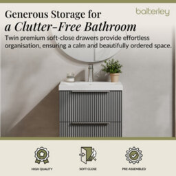 Balterley Fluted Wall Hung 2 Drawer Vanity Basin Unit With Ceramic Basin 500mm - Satin Grey - thumbnail 3