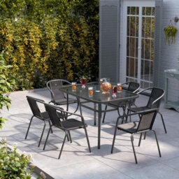 Breeins Black 7Pcs Garden Furniture Set Dining Set Tempered Glass 120Cm Table And Chair - thumbnail 2