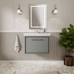 Balterley Longnor Modern Bathroom Wall Hung Single Drawer Vanity Unit With Fireclay Basin, Coastal Grey, 600mm - thumbnail 2