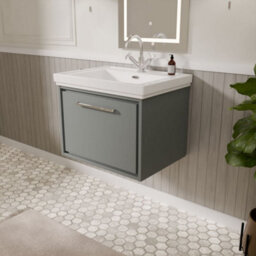 Balterley Longnor Modern Bathroom Wall Hung Single Drawer Vanity Unit With Fireclay Basin, Coastal Grey, 600mm - thumbnail 4