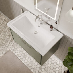 Balterley Longnor Modern Bathroom Wall Hung Single Drawer Vanity Unit With Fireclay Basin, Fern Green, 800mm - thumbnail 3