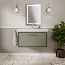 Balterley Longnor Modern Bathroom Wall Hung Single Drawer Vanity Unit With Fireclay Basin, Fern Green, 800mm - thumbnail 2