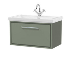 Balterley Longnor Modern Bathroom Wall Hung Single Drawer Vanity Unit With Fireclay Basin, Fern Green, 800mm - thumbnail 1