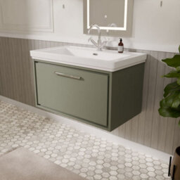 Balterley Longnor Modern Bathroom Wall Hung Single Drawer Vanity Unit With Fireclay Basin, Fern Green, 800mm - thumbnail 4