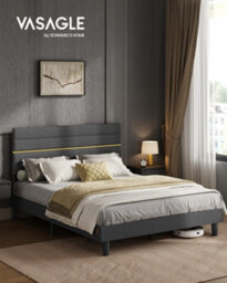 LEDREM King Bed Frame, For 150 X 200 Cm Mattress, Adjustable Upholstered Headboard, Metal Frame, Wooden Slats, Modern, Slate Grey - thumbnail 1