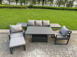 Fimous 7-Piece Aluminium Garden Furniture Sets With Adjustable Rising Lifting Dining Table 2 Chairs Big Footstool 2 Side Tables - thumbnail 2
