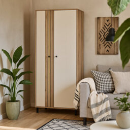 Wyld Haus Sandy Mauvella Oak Double Door Wardrobe With Fluted Front And Shelves - thumbnail 1